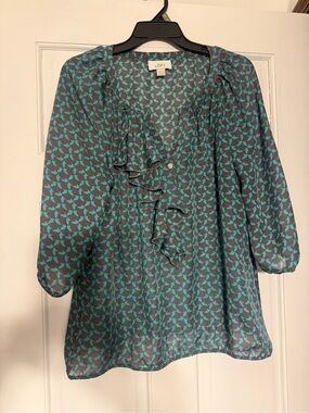 LOFT Teal and Gray Printed Ruffle Blouse